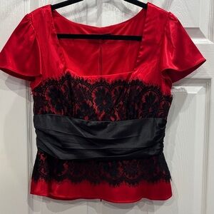 MARINA Red Satin Blouse with Black Lace